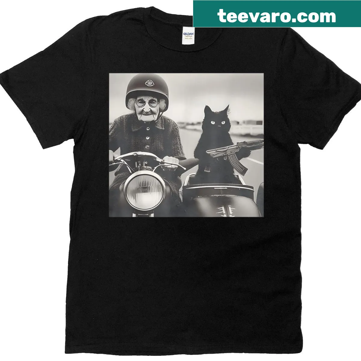 Vintage motorcycle design featuring granny and her armed cat — on a men's t-shirt