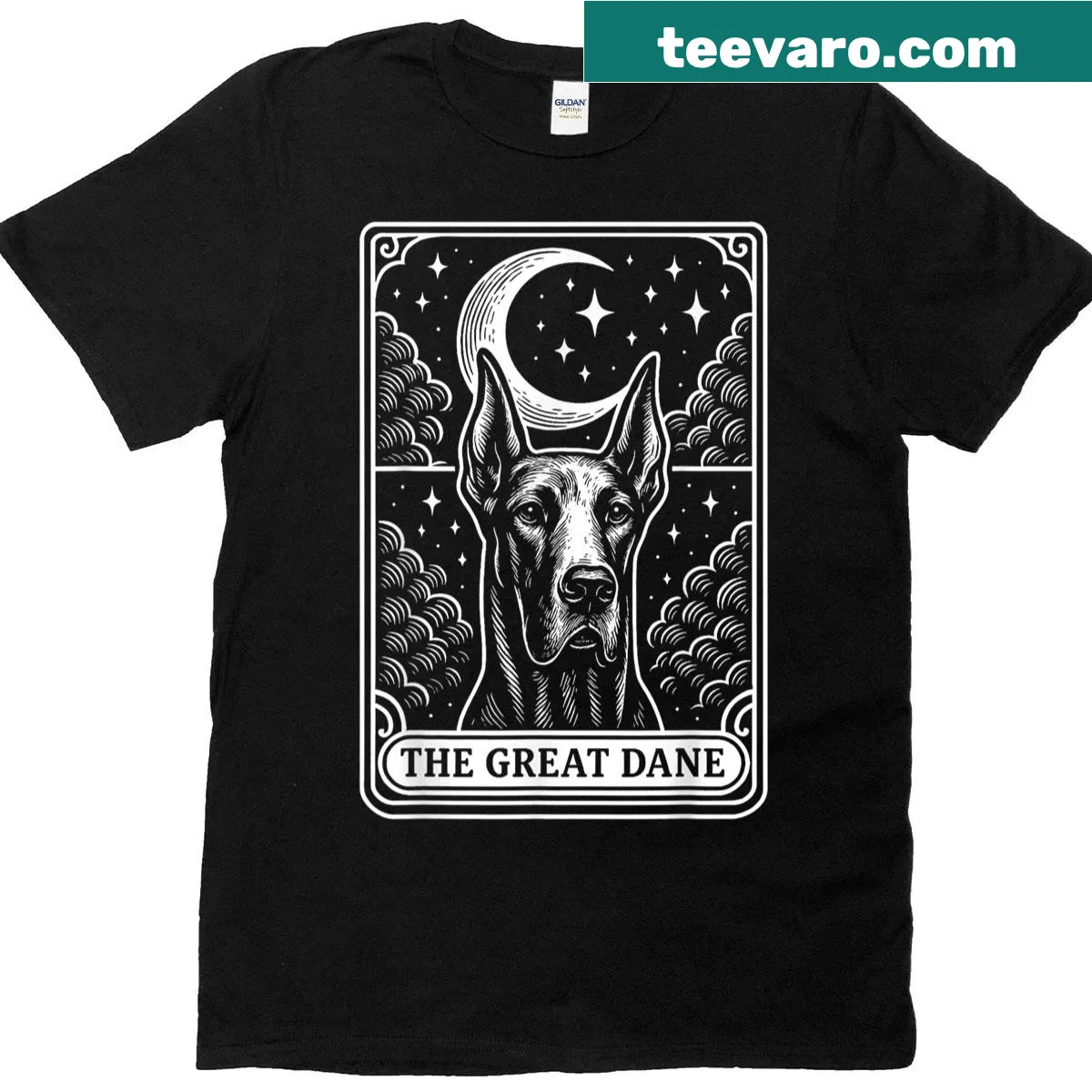 Vintage T-shirt depicting a Great Dane under a crescent moon tarot card — on a men's t-shirt