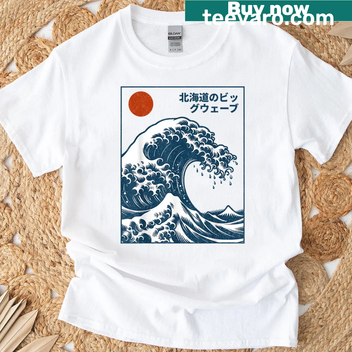 Vintage Japanese wave design t-shirt celebrating surfing culture — on a men's t-shirt