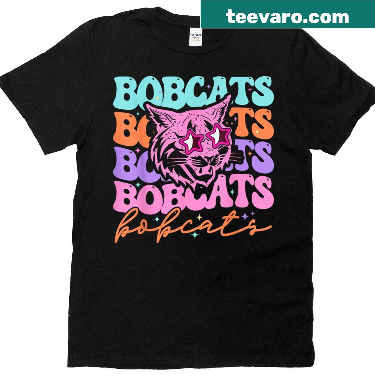 Tie-dye t-shirt with Bobcats school spirit typography — on a men's t-shirt