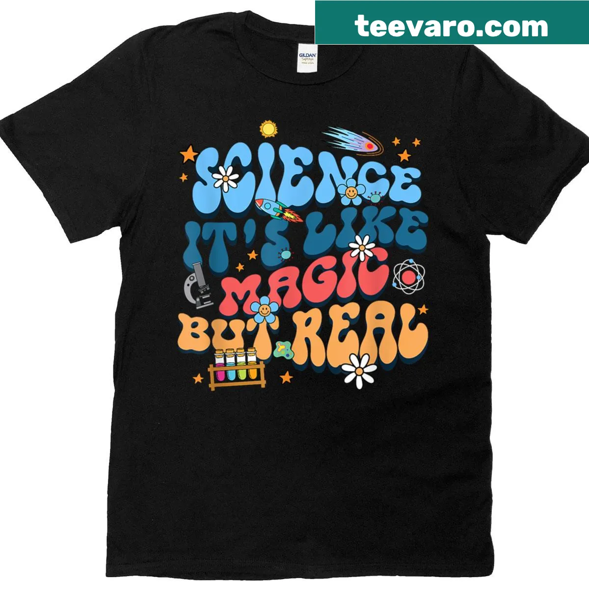 Vintage-style T-shirt with a groovy science design reading 'Like Magic But Real' — on a men's t-shirt