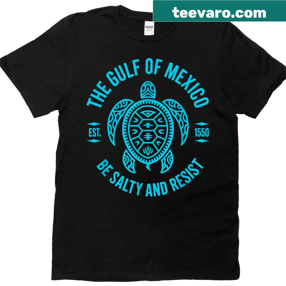 Illustration of a turtle with the phrase 'Be Salty And Resist' on a t-shirt — on a men's t-shirt