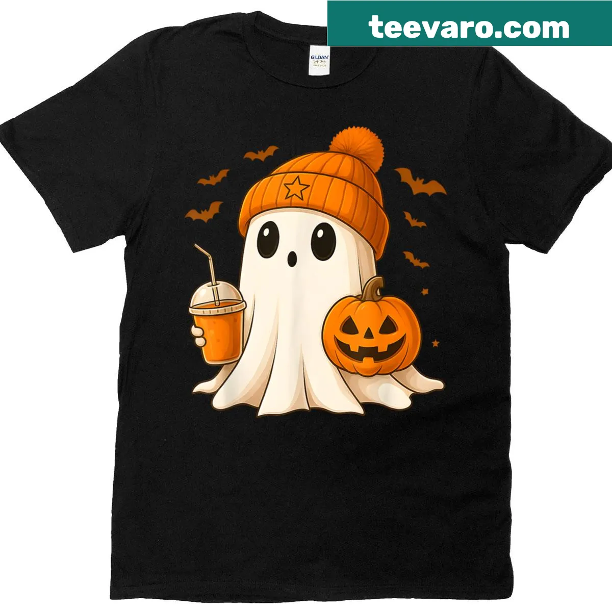 Cute Halloween t-shirt with ghost character holding a pumpkin drink — on a men's t-shirt