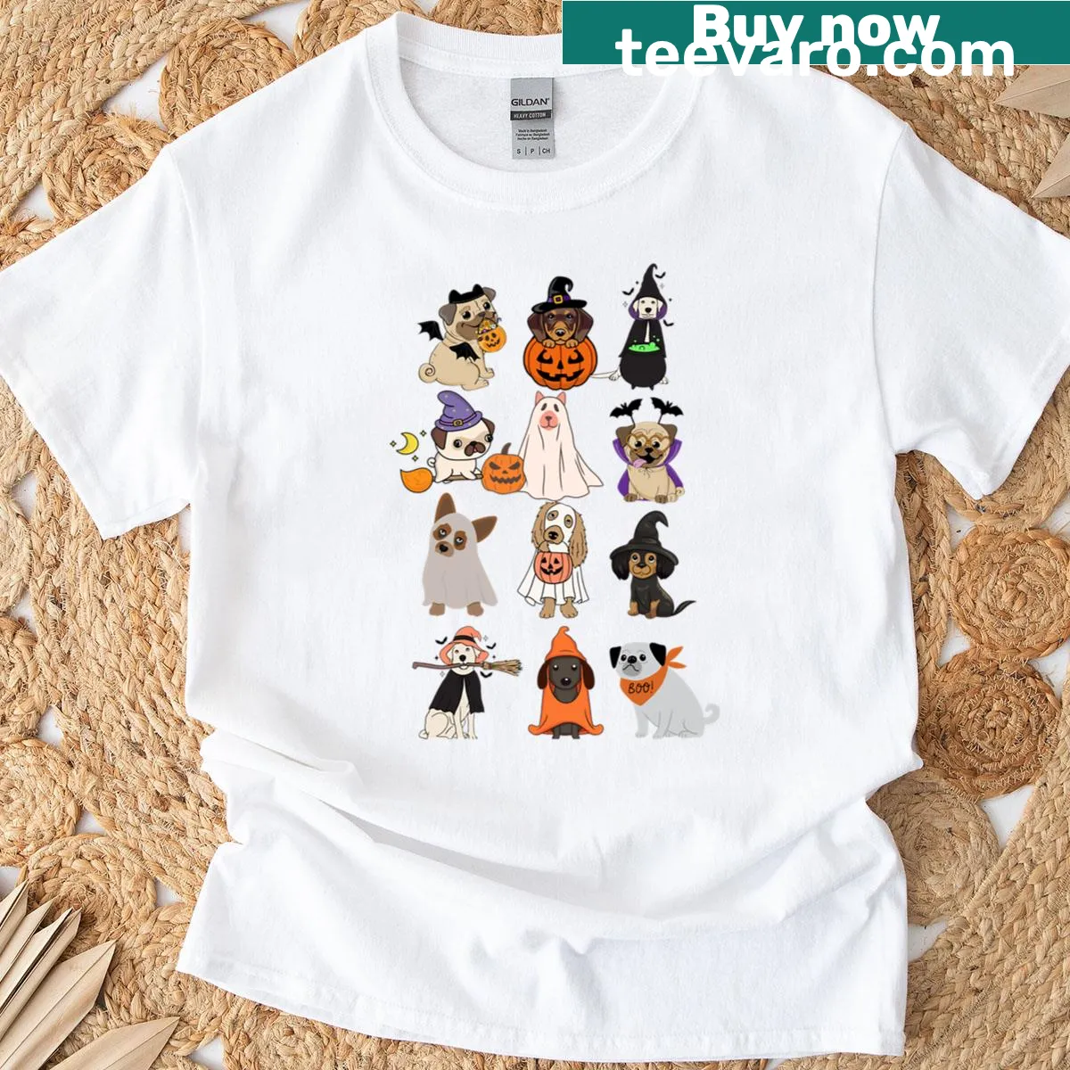 Cartoon-style Halloween T-shirt with dogs in various costumes — on a men's t-shirt