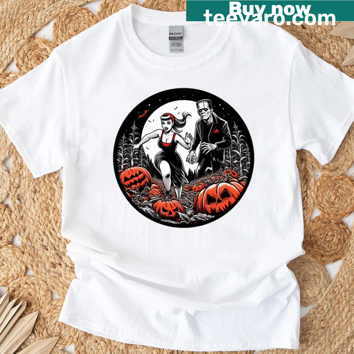 Retro Halloween T-shirt with rockabilly elements and spooky designs — on a men's t-shirt