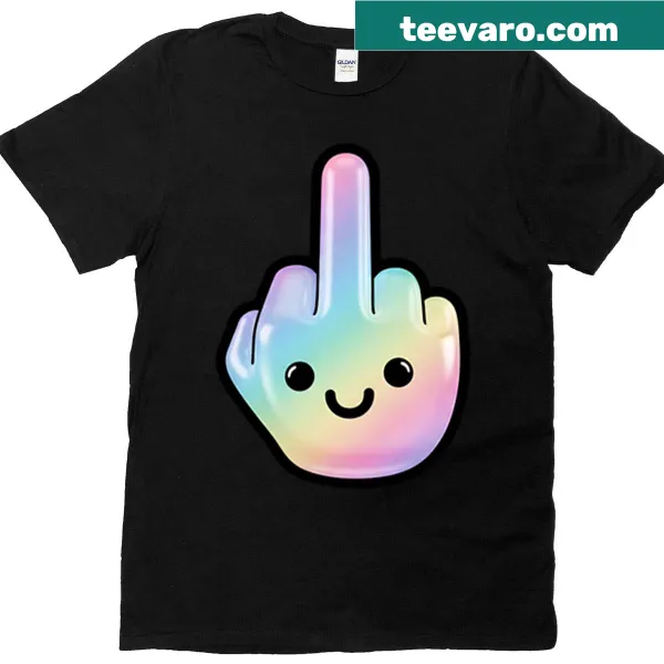 Cartoonish t-shirt featuring a cheerful character giving a middle finger
