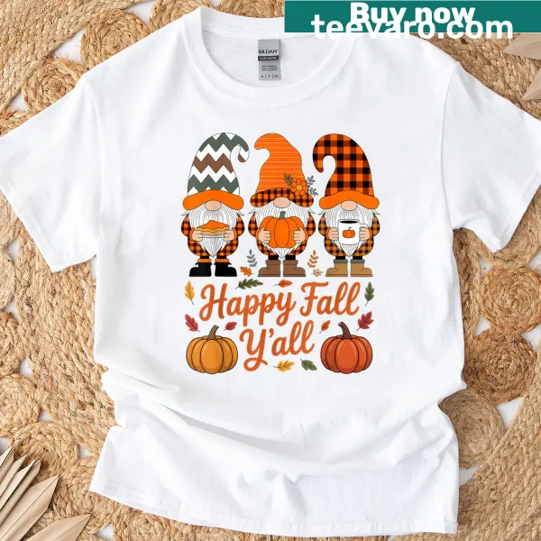 Whimsical T-shirt with a gnome and pumpkin for autumn celebrations