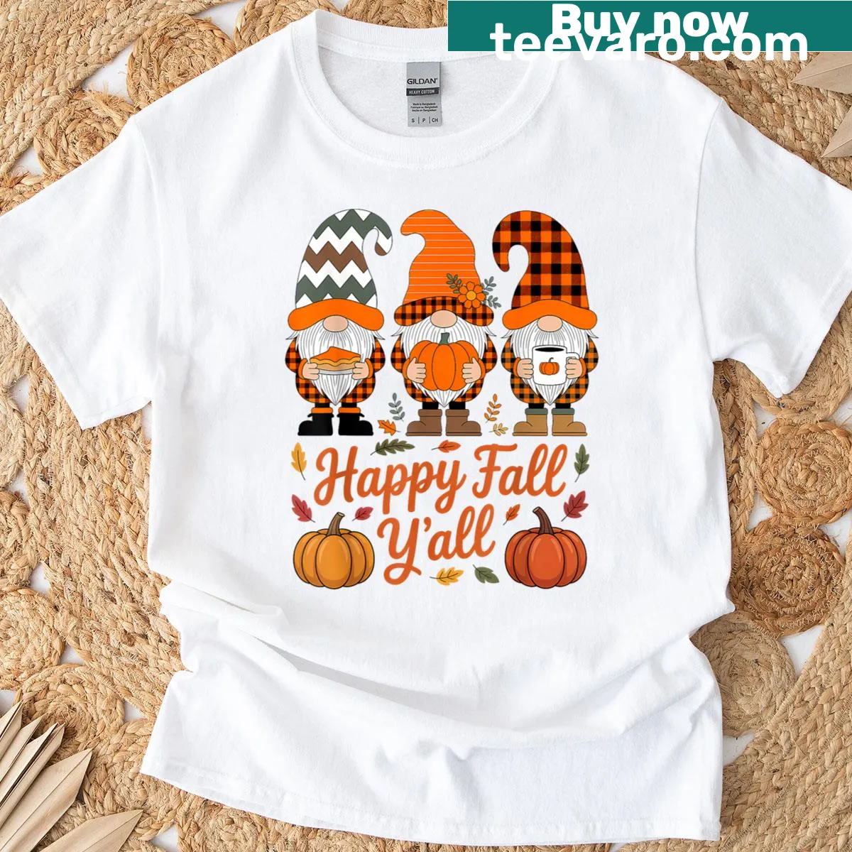 Whimsical T-shirt with a gnome and pumpkin for autumn celebrations — on a men's t-shirt
