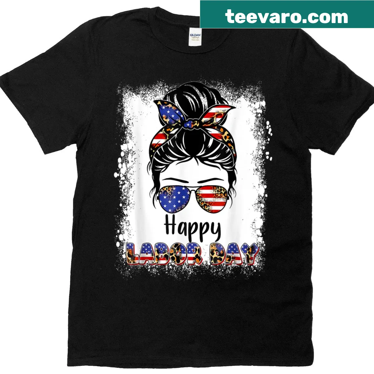 Vintage-style Labor Day t-shirt with messy bun and USA flag design — on a men's t-shirt