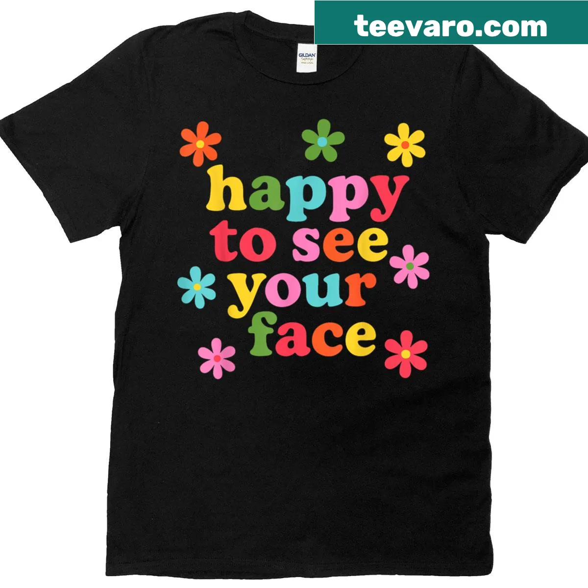 Cheerful teacher t-shirt with 'Happy To See Your Face' illustration — on a men's t-shirt