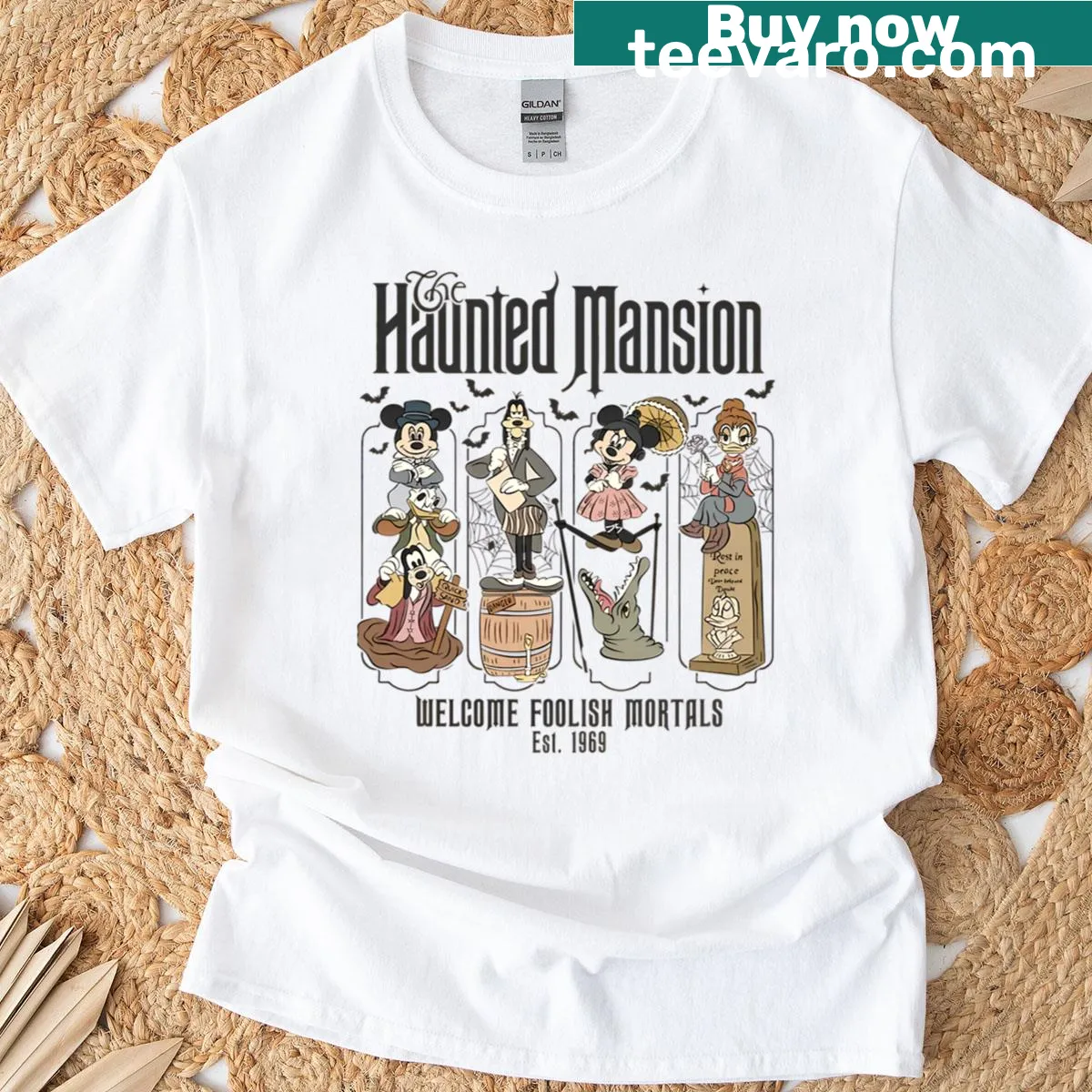 Haunted mansion Halloween t-shirt featuring ghostly illustrations — on a men's t-shirt
