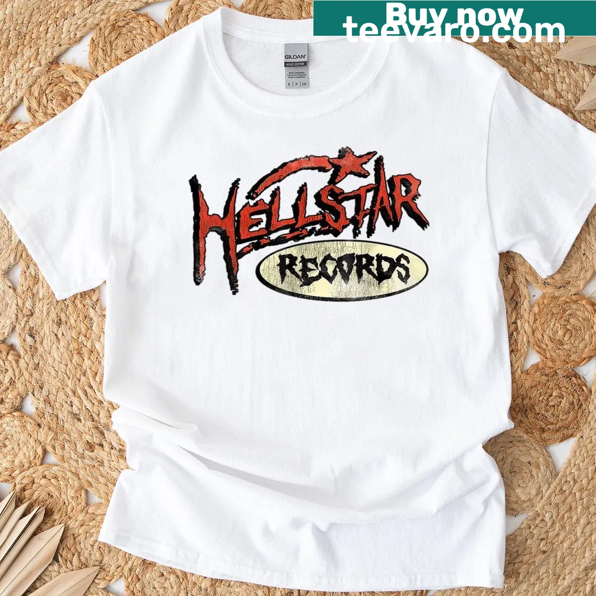 Graphic T-shirt with the Hell Star Records logo — on a men's t-shirt