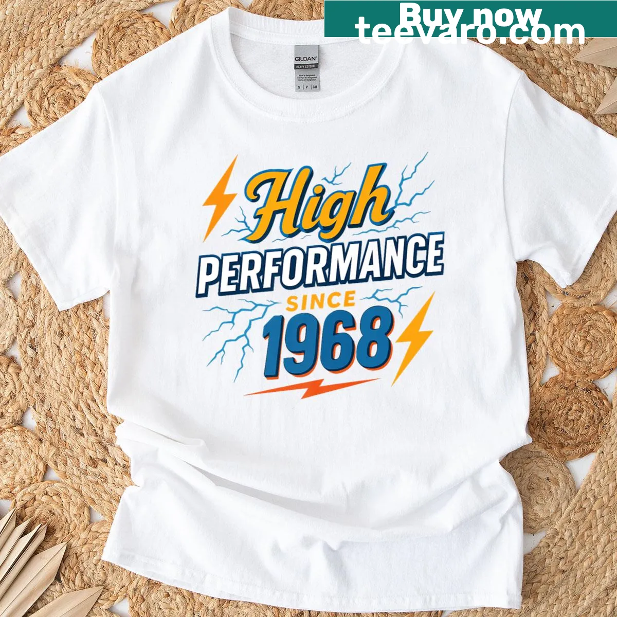 Vintage T-shirt celebrating high-performance vehicles since 1968 — on a men's t-shirt
