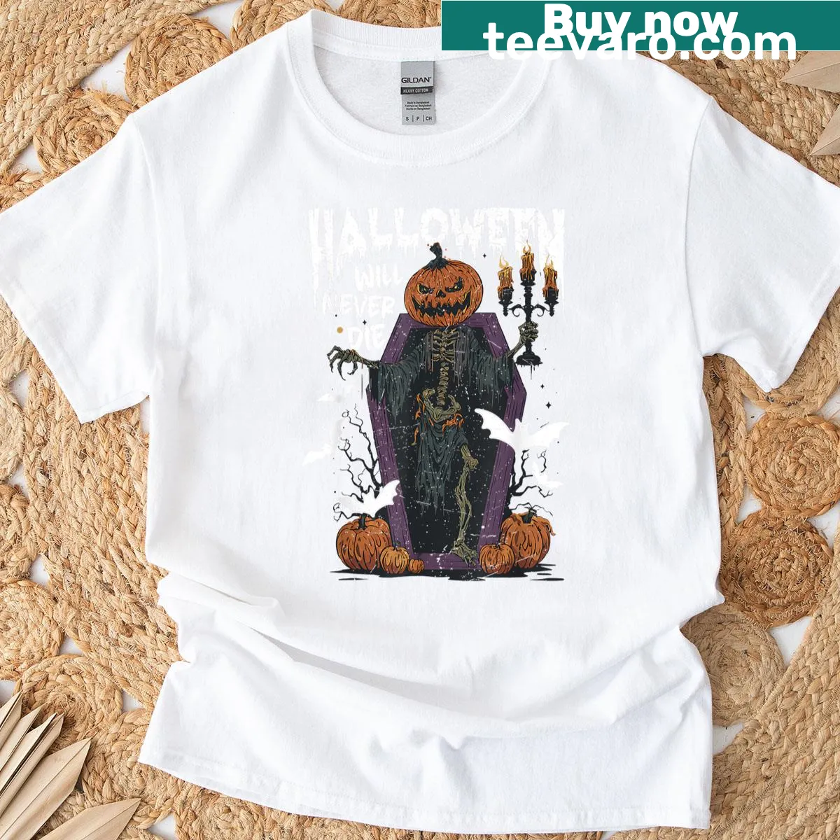 Funny retro skeleton T-shirt with Halloween theme — on a men's t-shirt