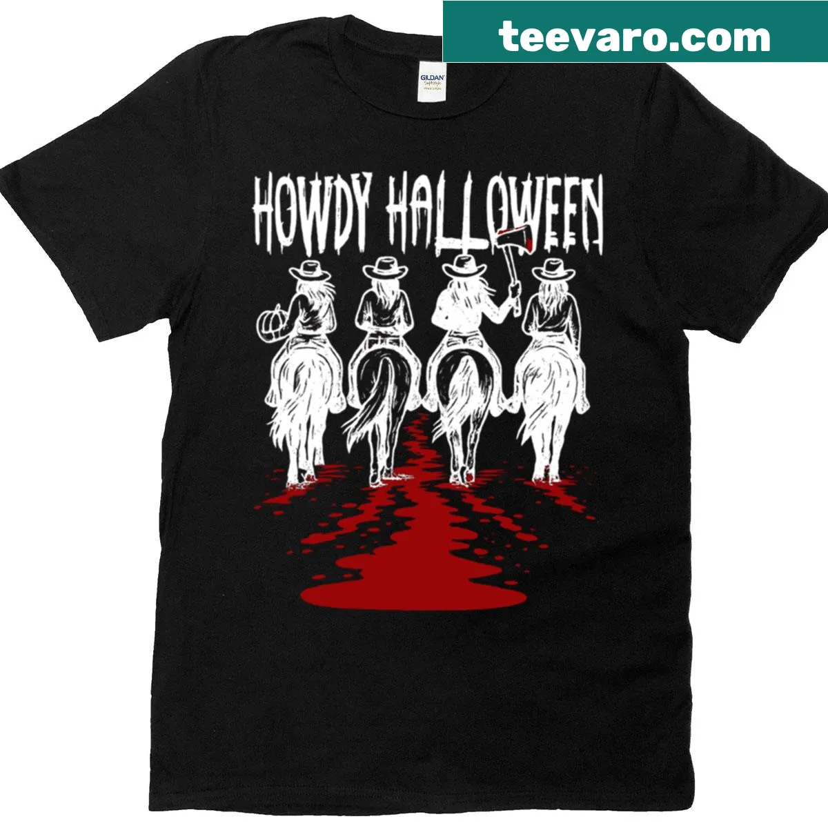 Retro cowgirl Halloween t-shirt with playful graphics — on a men's t-shirt