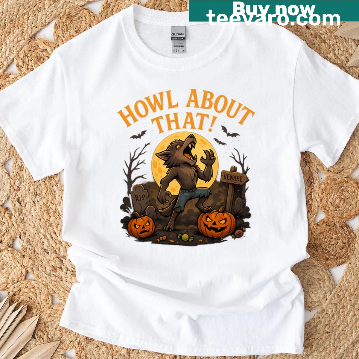 Oversized Halloween t-shirt with a funny werewolf design — on a men's t-shirt