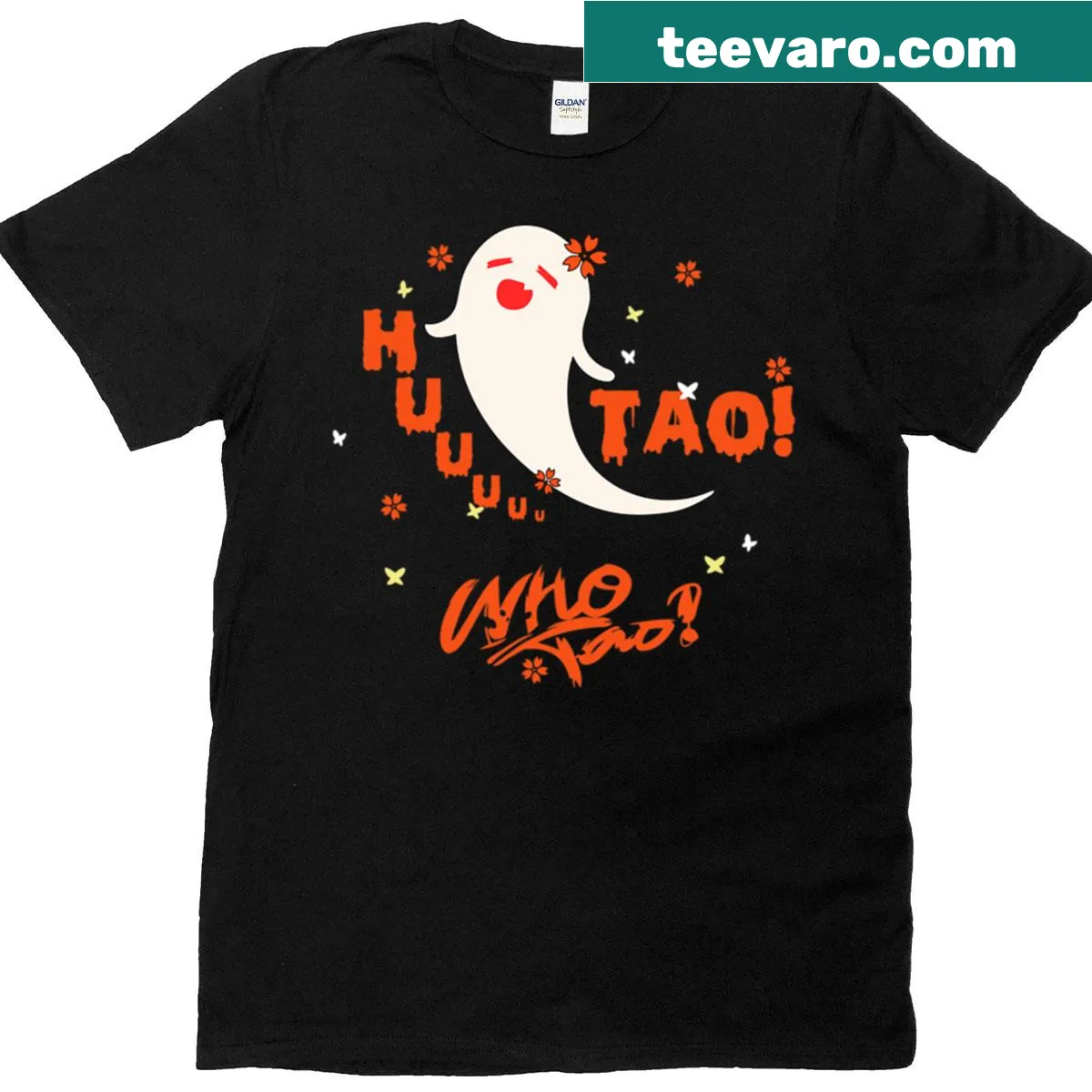 Illustrated Hu Tao graphic T-shirt featuring a ghost theme. — on a men's t-shirt