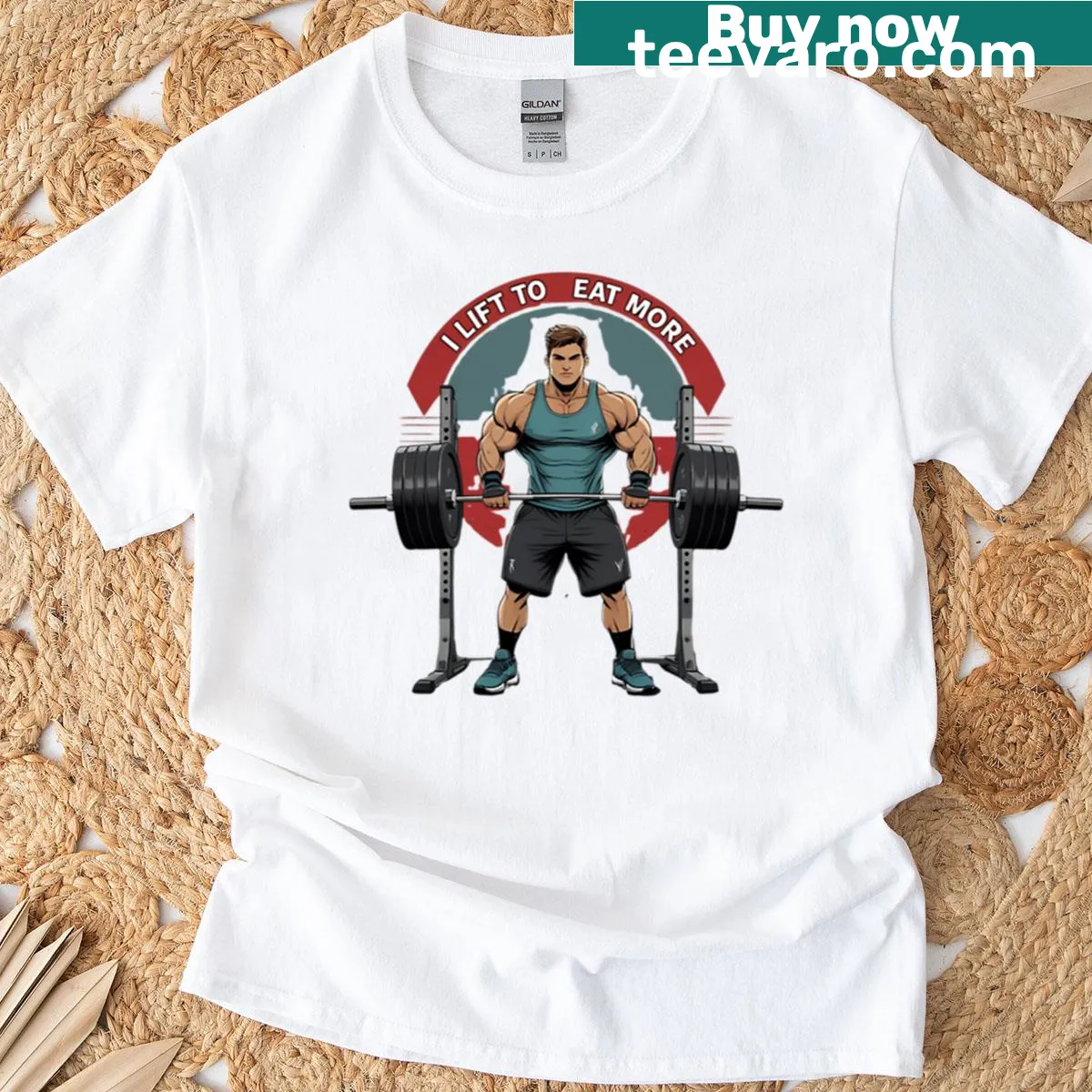 Funny tee with 'I Lift To Eat More' text for gym lovers — on a men's t-shirt