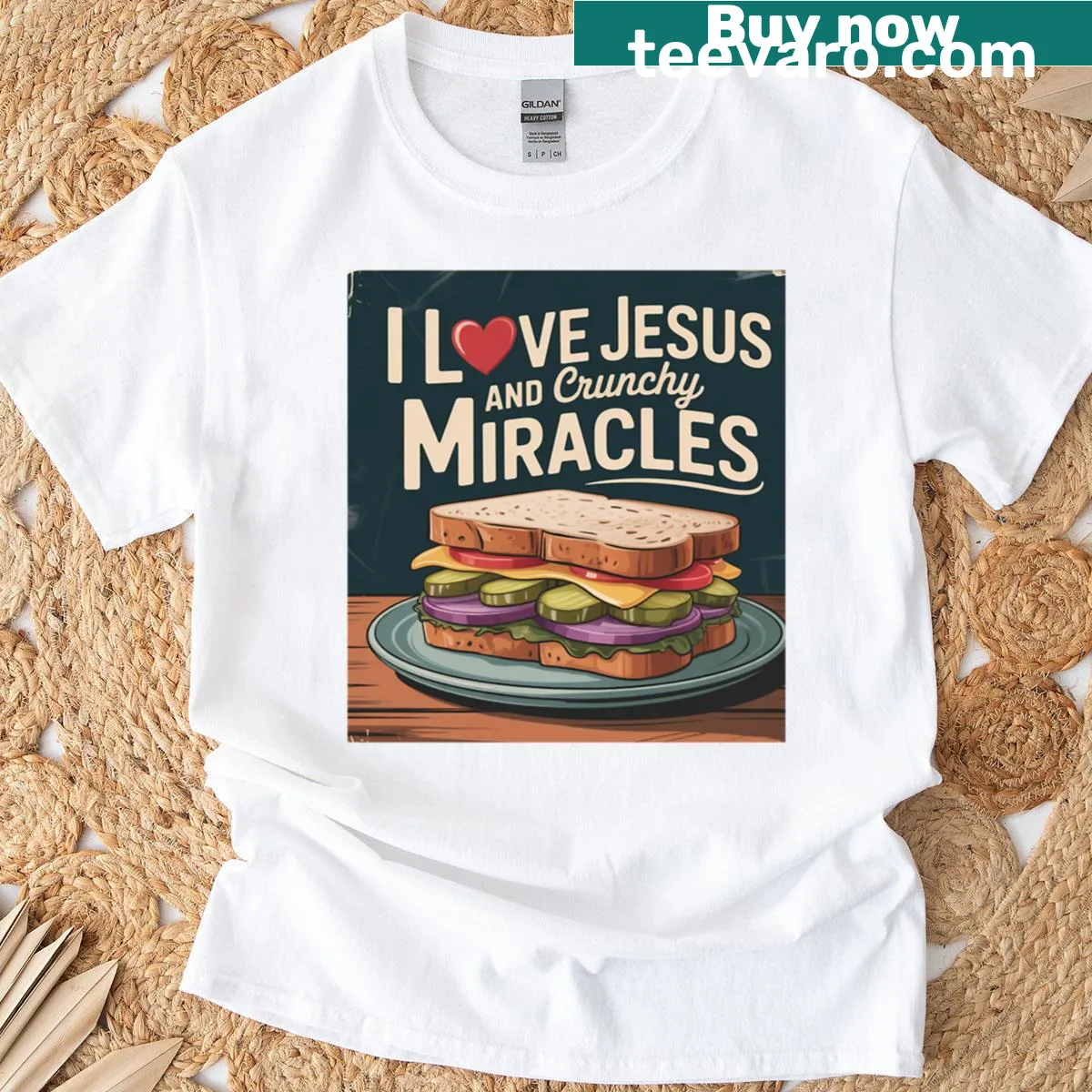 Funny t-shirt about Jesus and pickles — on a men's t-shirt