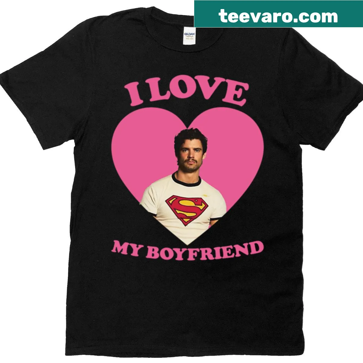 T-shirt featuring 'I Love My Boyfriend David Corenswet' text — on a men's t-shirt