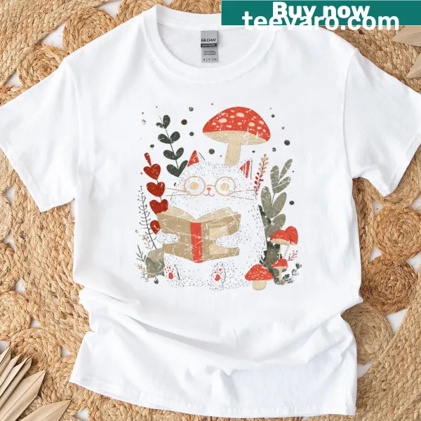 Vintage-style t-shirt celebrating reading, cats, and plants
