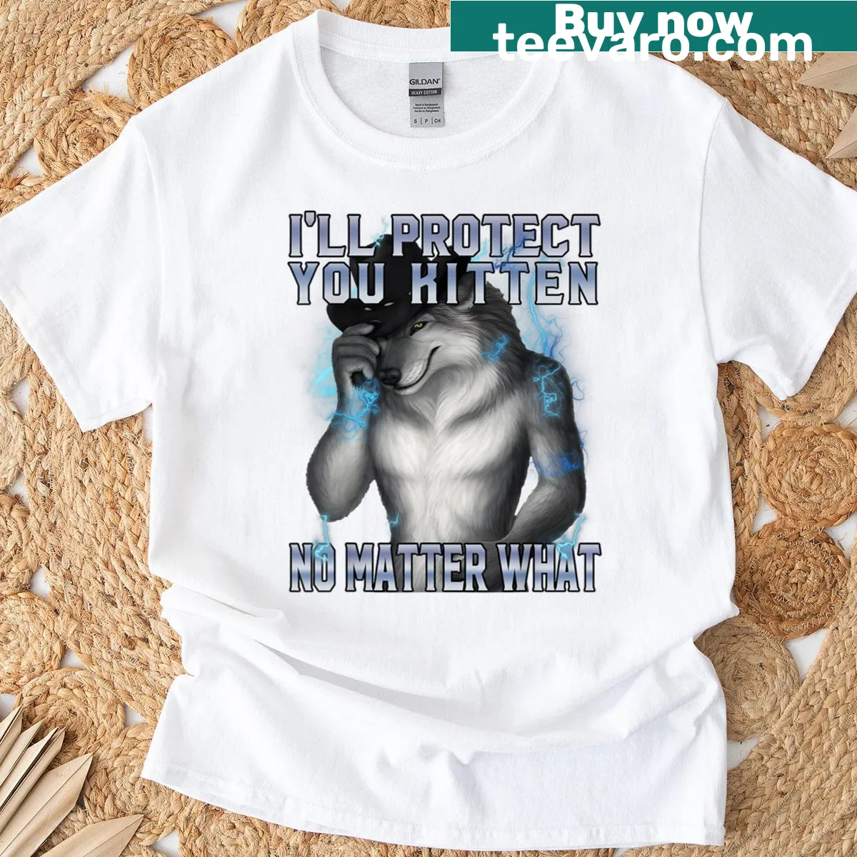 T-shirt with cat and werewolf graphic saying I'll Protect You Kitten — on a men's t-shirt