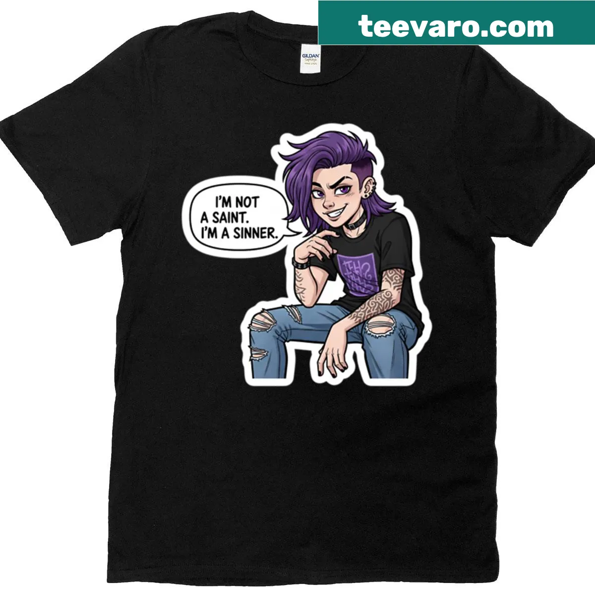 Bold text T-shirt stating 'I'm Not A Saint, I'm A Sinner' — on a men's t-shirt
