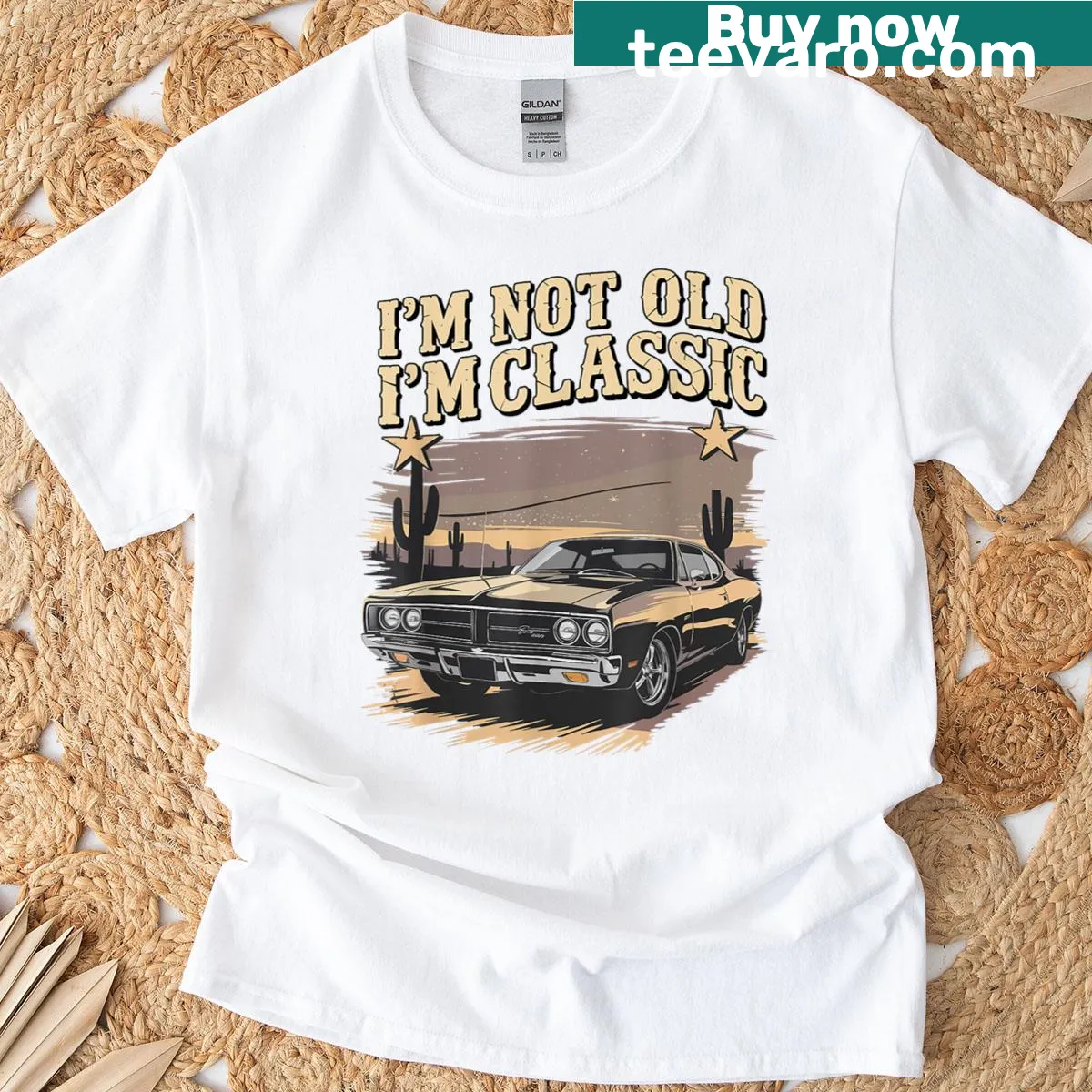 T-shirt with the phrase 'I'm Not Old, I'm Funny' and a car graphic. — on a men's t-shirt