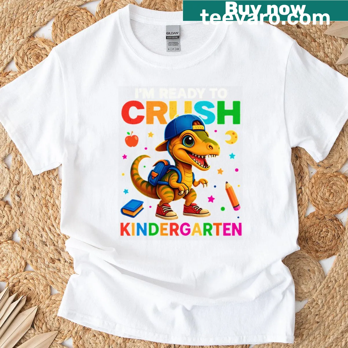 Kids t-shirt featuring a dinosaur and text Ready to Crush Kindergarten — on a men's t-shirt