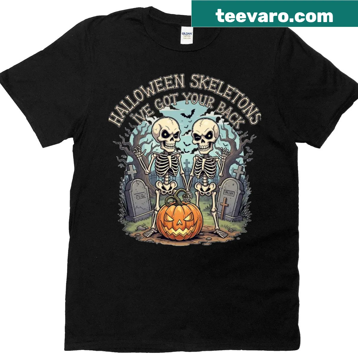 Skeleton design t-shirt with the phrase 'I've Got Your Back' — on a men's t-shirt