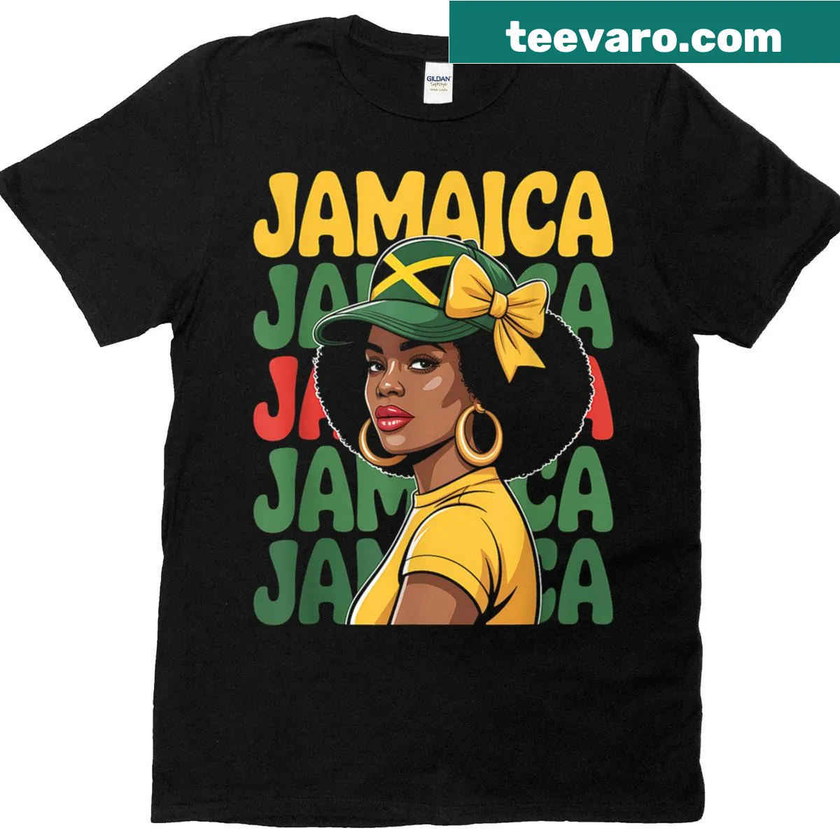 Stylish t-shirt with Jamaican flag and bow design — on a men's t-shirt