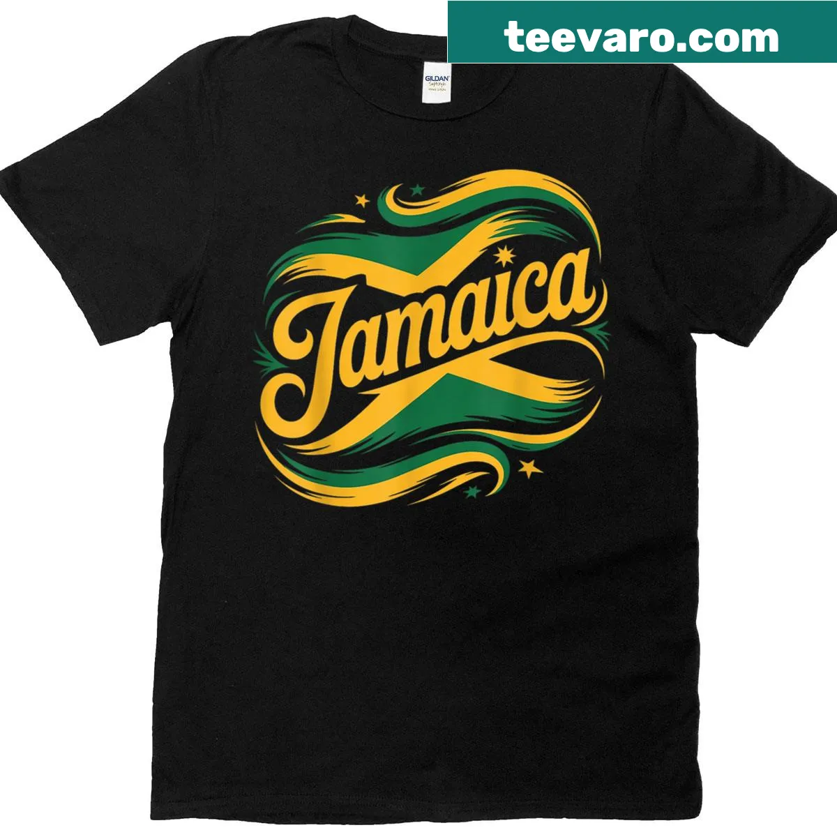Jamaican flag t-shirt suitable for all ages — on a men's t-shirt