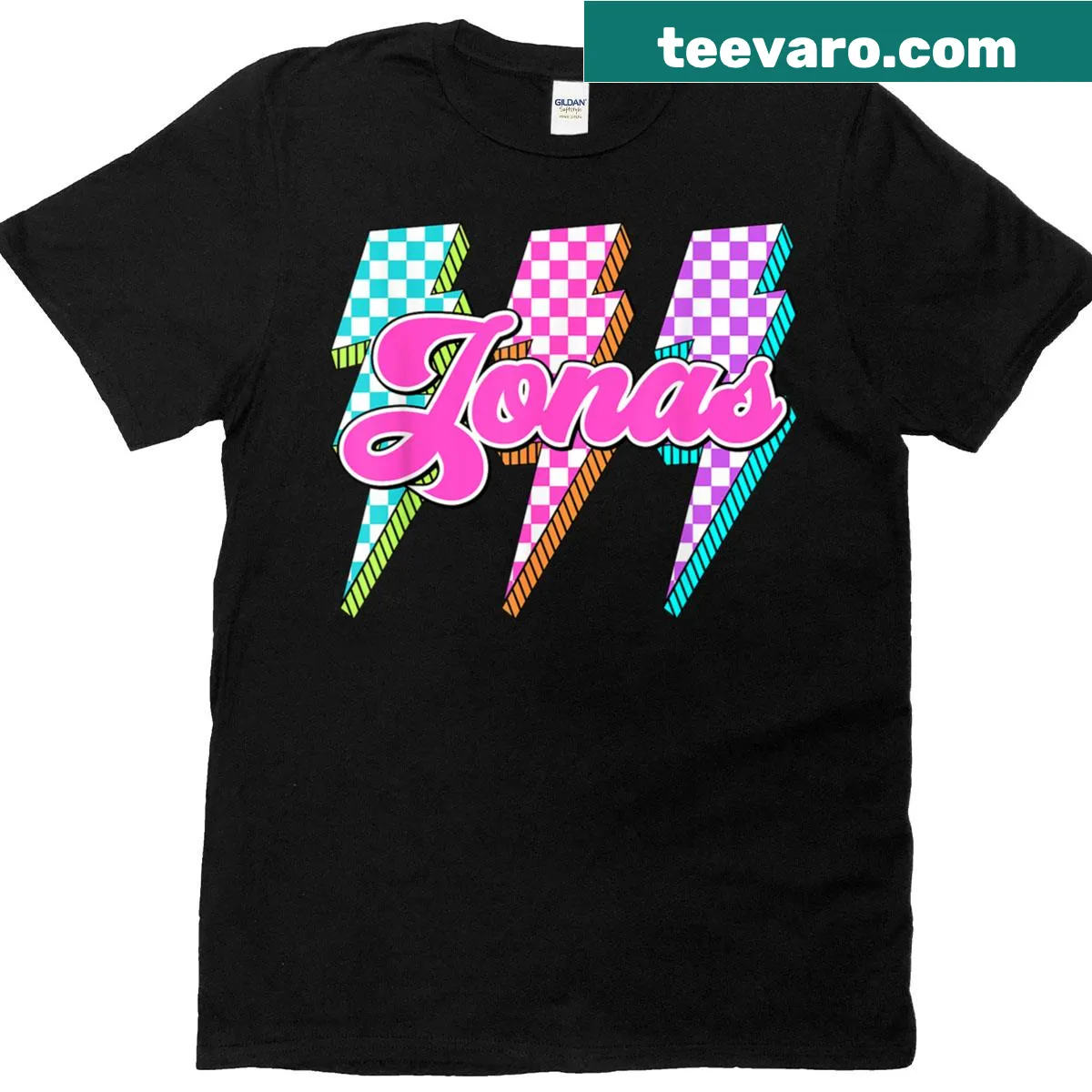 Vintage-style t-shirt featuring a checkered pattern and lightning bolt with 'I Love Jonas' text. — on a men's t-shirt