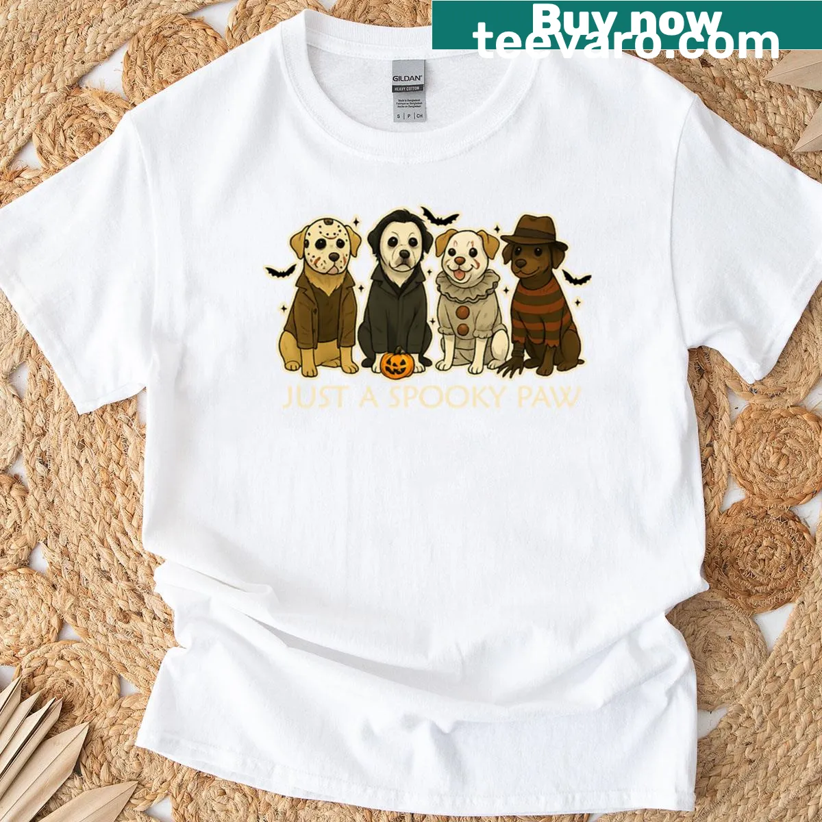 Cartoon dogs in Halloween costumes, cute spooky design on a t-shirt — on a men's t-shirt