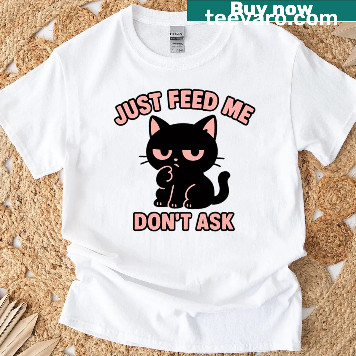 Kawaii black cat t-shirt with the phrase Just Feed Me Dont Ask — on a men's t-shirt