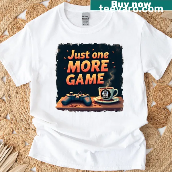 Cartoon coffee cup and game controller graphic with gamer slogan.