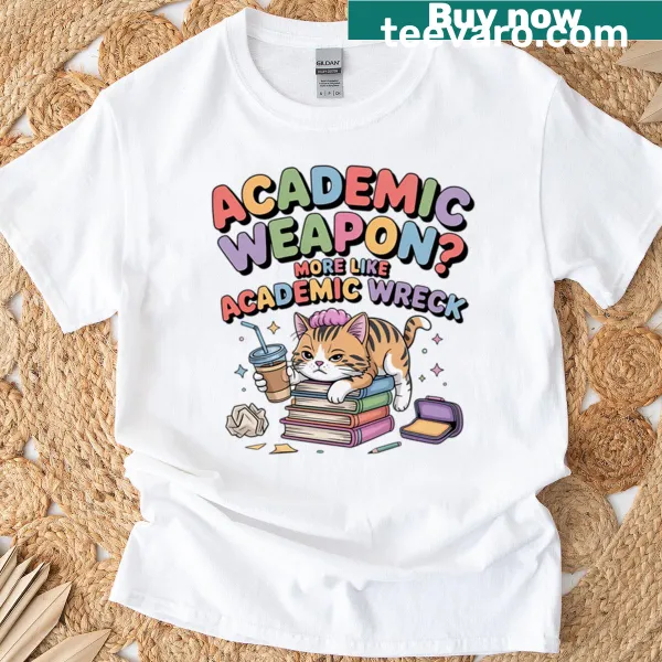 Cute cat design with text about academic burnout