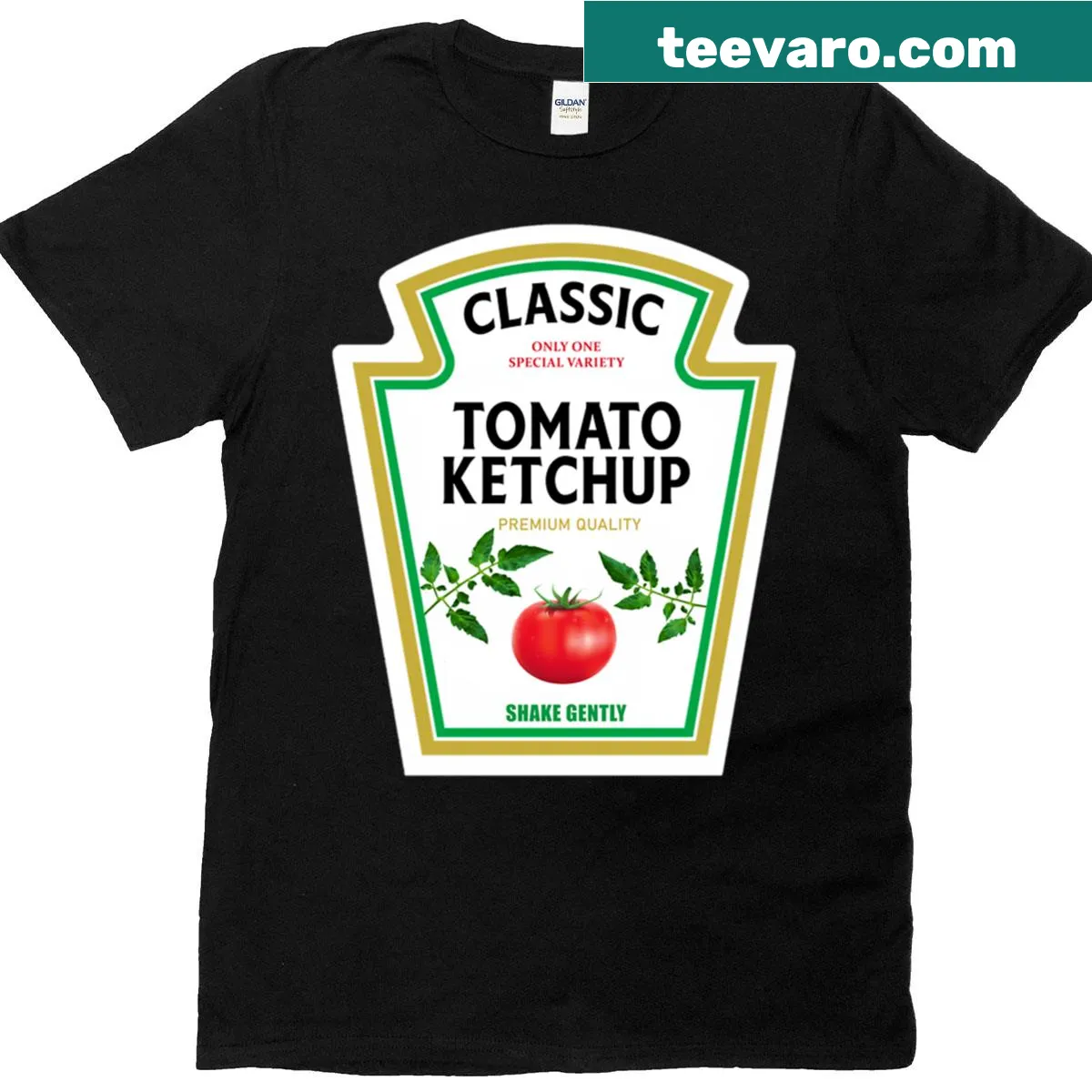 Illustrated ketchup, mustard, and mayo Halloween matching tee — on a men's t-shirt