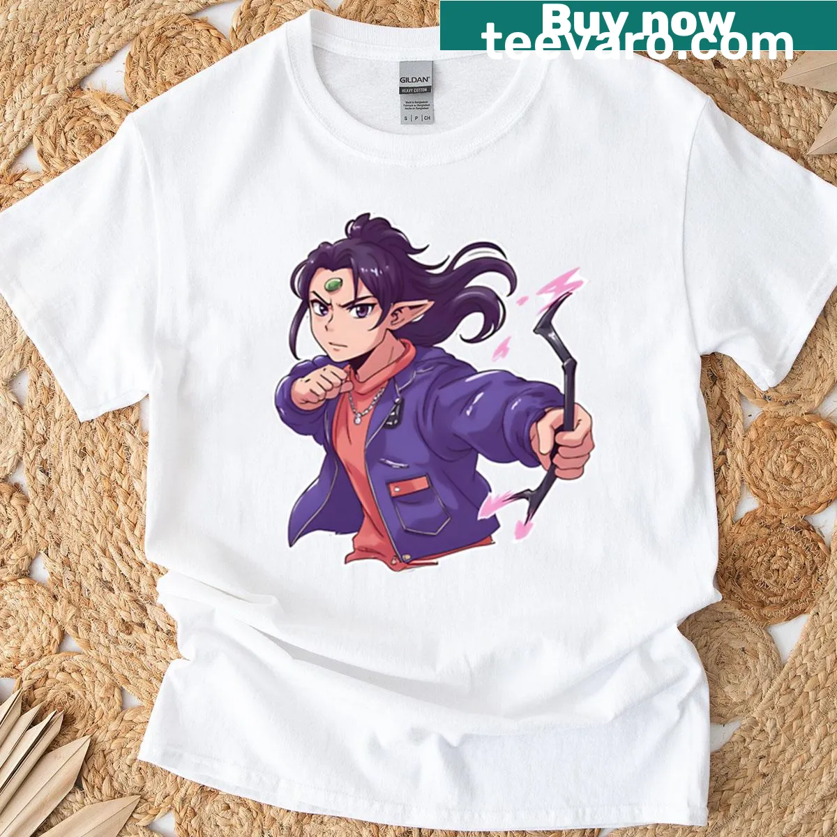 T-shirt featuring K-pop themed illustrations of demon hunters. — on a men's t-shirt
