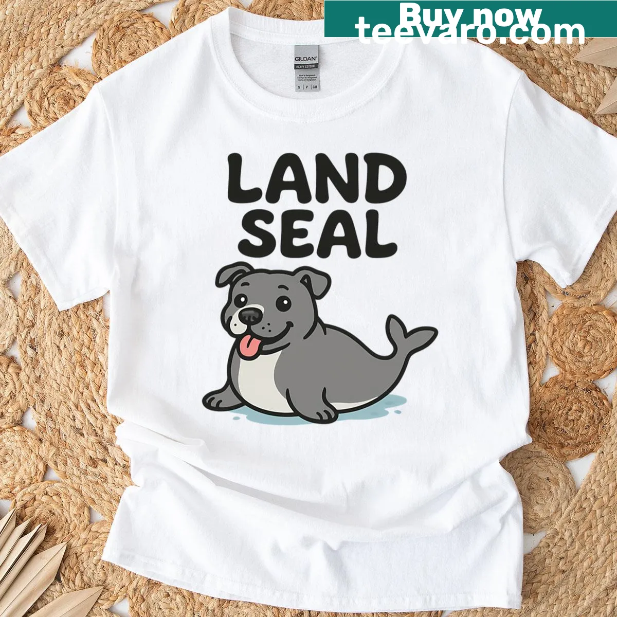 Whimsical illustration of a pitbull resembling a land seal — on a men's t-shirt