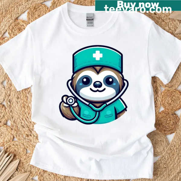 Cartoon sloth in teal scrubs on an oversized T-shirt