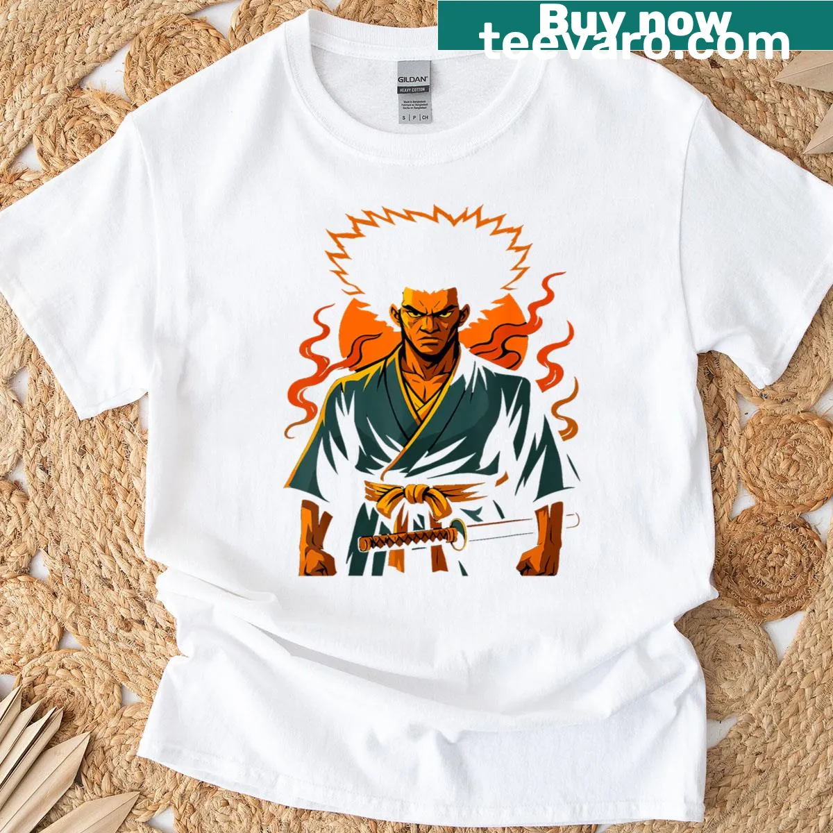 Illustrated Yasuke African Samurai t-shirt with katana design — on a men's t-shirt