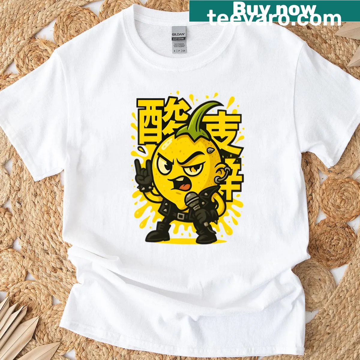 Cartoon lemon graphic with punk vibes on t-shirt — on a men's t-shirt