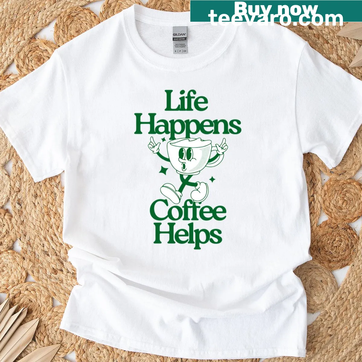 Typography shirt with the phrase 'Life Happens, Coffee Helps' — on a men's t-shirt