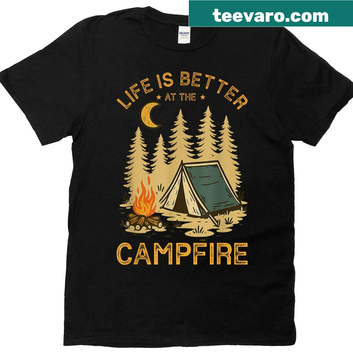 Funny camping t-shirt about life at the campfire — on a men's t-shirt