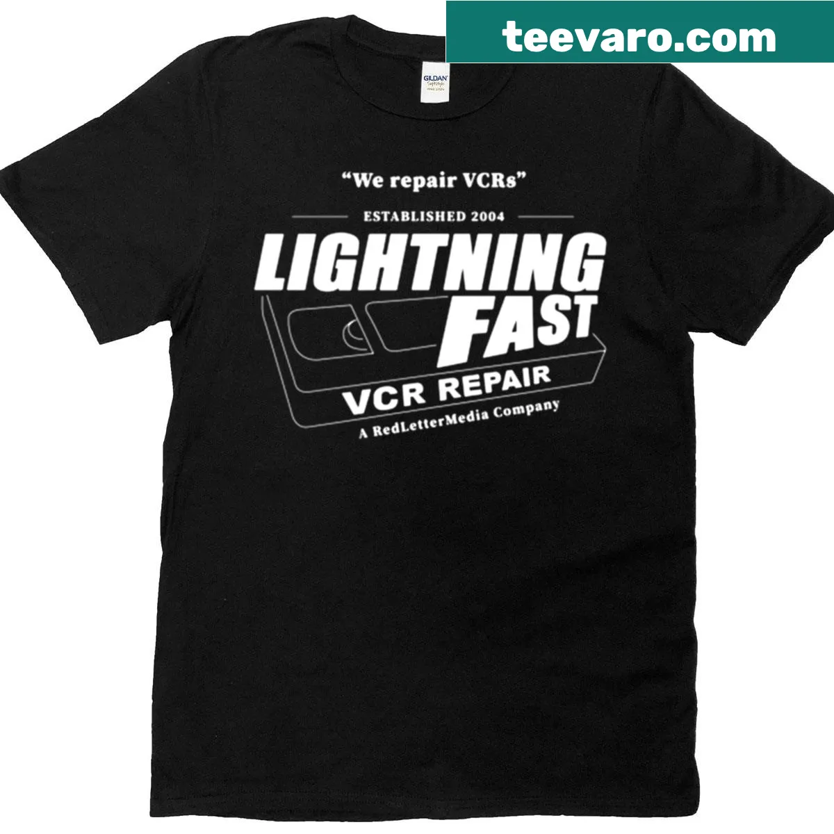 Funny Lightning Fast VCR Repair retro t-shirt with humorous design — on a men's t-shirt