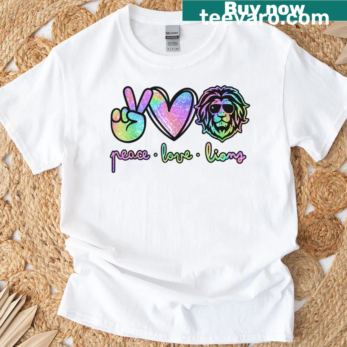 Lion mascot t-shirt promoting peace and love — on a men's t-shirt