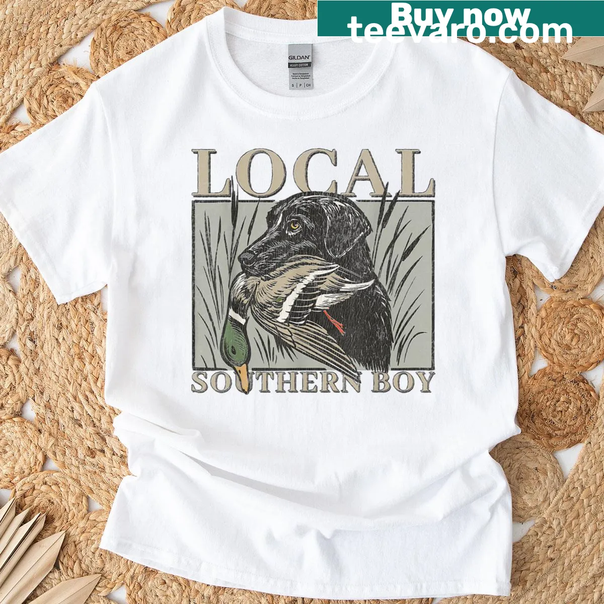Vintage-style duck hunting shirt featuring a black lab and ducks — on a men's t-shirt