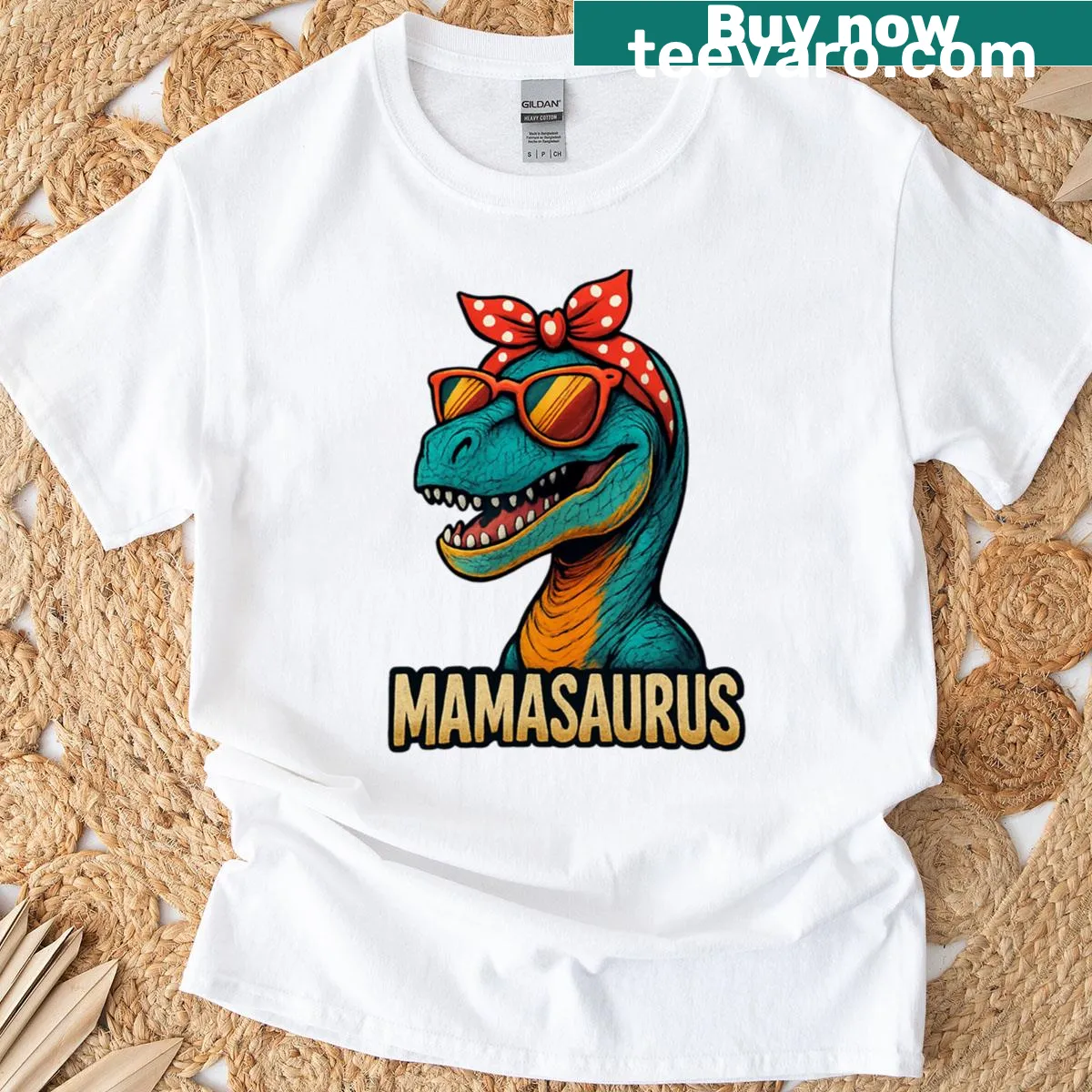 Funny retro dinosaur mom graphic T-shirt — on a men's t-shirt