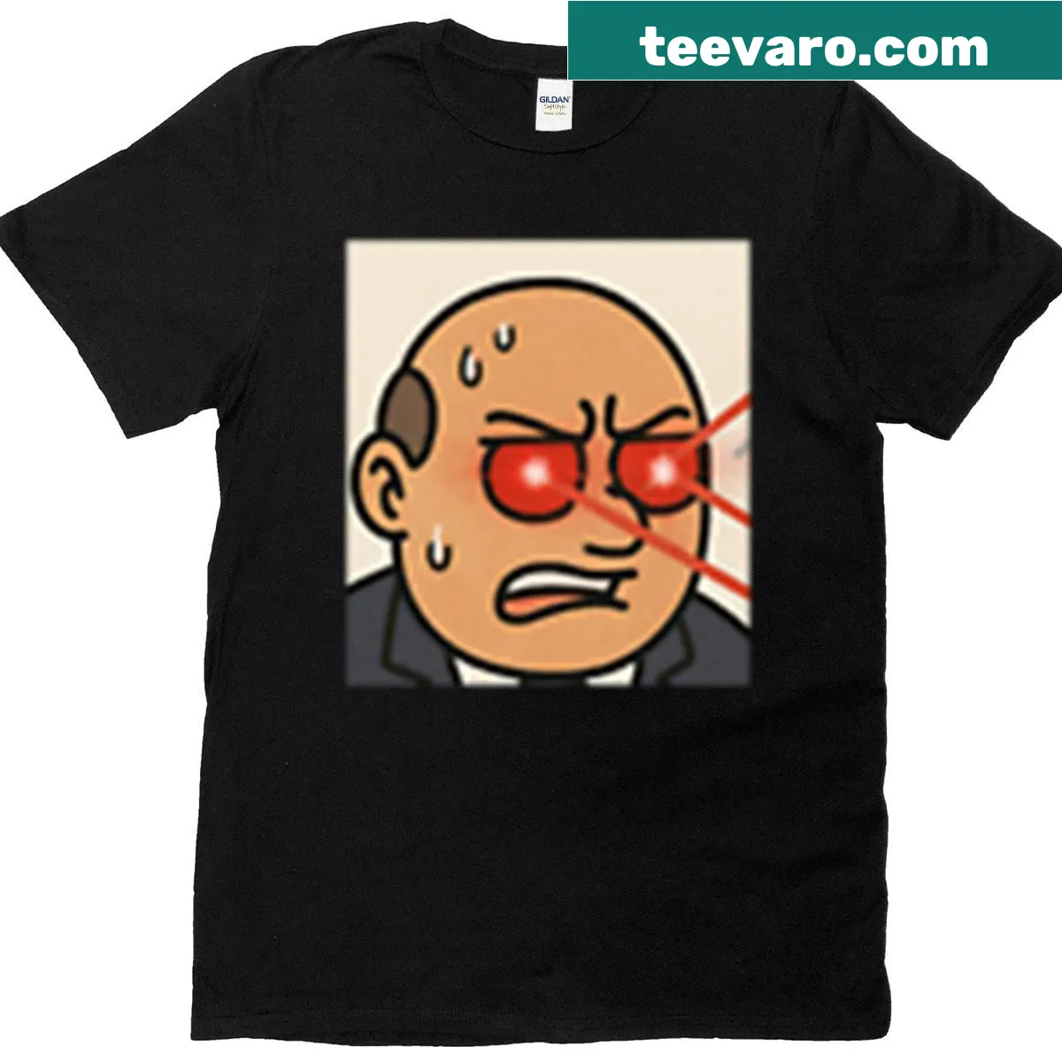 Funny T-shirt with meme mascot graphic representing greed — on a men's t-shirt
